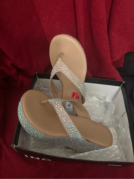 INC International Concepts Shoes - Embellished Nude Rhinestone Wedge Thong Sandals by INC